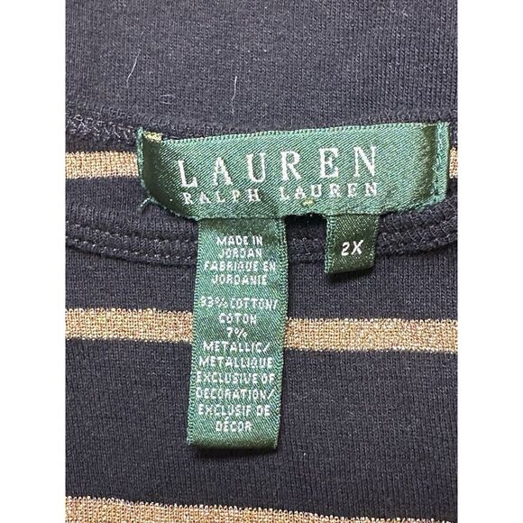 Lauren Ralph Lauren Short‎ Sleeve Black Gold Stripe Top Size 2X Excellent UC - Picture 4 of 4